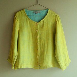 FLAX Long Sleeve Linen Button Front Top or Jacket in Chartreuse/Blue Tones--S